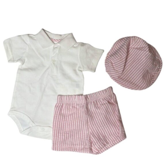 Starting Out 3PC White Collared Onesie, Pink & White Striped Shorts & Hat, NWT! - Picture 1 of 8